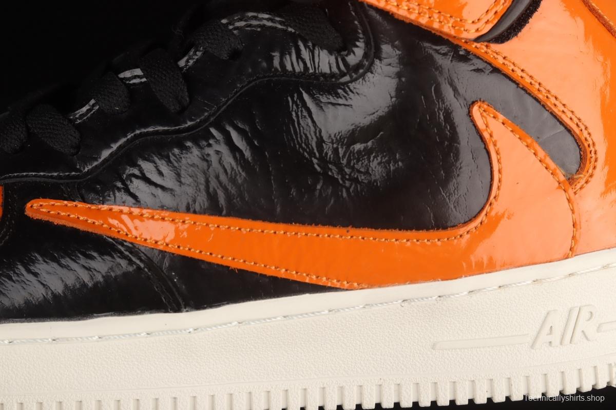 NIKE Air Force 1o07 Mid lacquered leather black orange color counterhook Zhongbang casual board shoes 804609-188