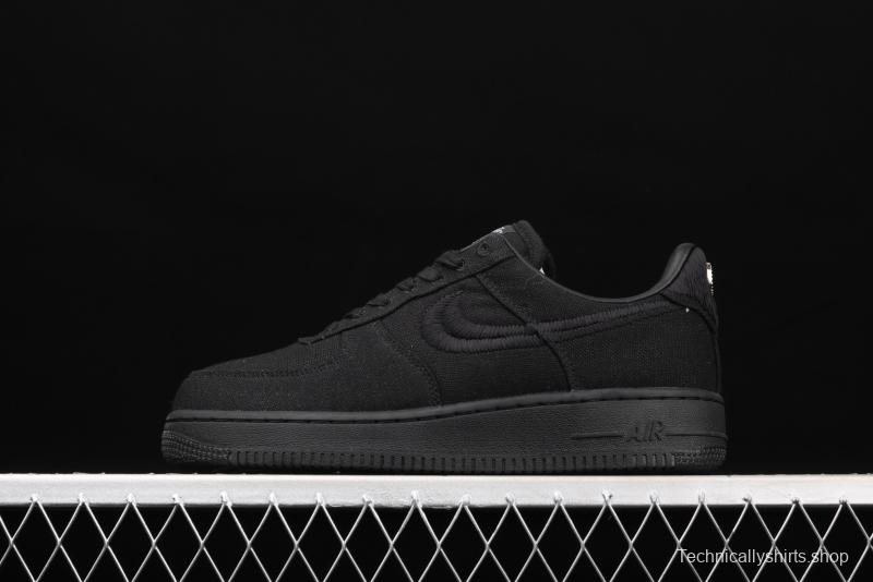 Stussy x NIKE Air Force 1 Low Black Cool Air Force low side black linen electric embroidered hook low upper board shoes CZ9084-001