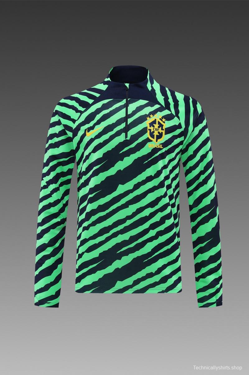 2022 Brazil Green Stripe Half Zipper Tracksuit