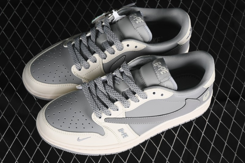 Nike Travis Scott x Fragment Design x Air Jordan 1 Low OG SP AJ1 Bape Collaboration - Moon Shadow Grey Low Top Casual Sneakers BB6511-625