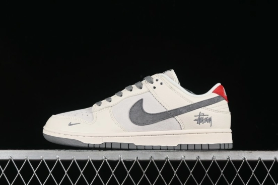 Nike SB Dunk Low Stussy Collaboration - Grey Pigskin Red Tail Anniversary High-End Custom Low-Top Casual Skate Shoes - XY2025-015