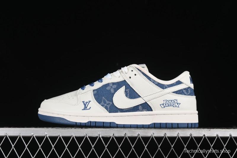 Nike SB Dunk Low LV Collaboration - Beige Blue Print Anniversary High-End Custom Low-Top Casual Skate Shoes - JH8310-954