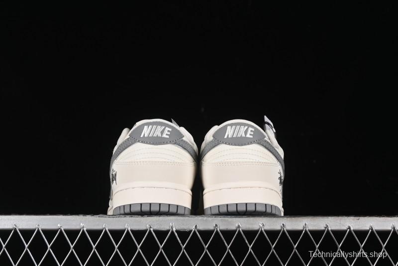 Nike SB Dunk Low Stussy Collaboration - Off White Dark Grey Swoosh Anniversary Custom Low-Top Casual Skate Shoes - DQ1098-382