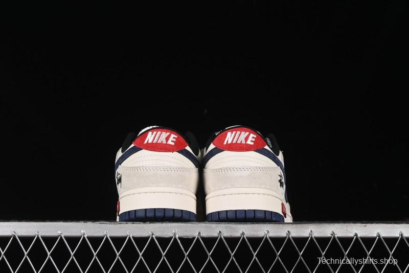 Nike SB Dunk Low Supreme x Stussy Triple Collaboration - Off White Navy Swoosh Anniversary Custom Low-Top Casual Sneakers - SJ2068-301