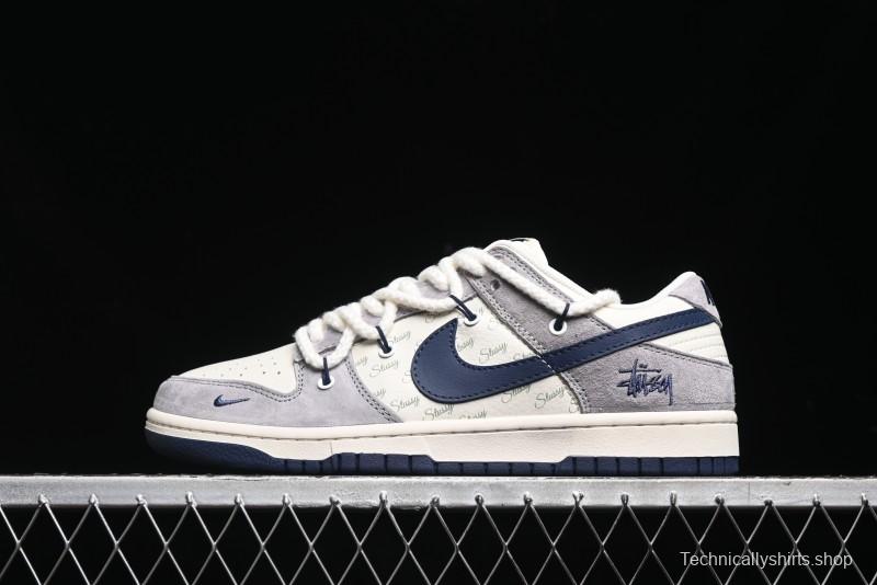Nike SB Dunk Low Stussy Collaboration - Navy Blue Embroidery Swoosh Anniversary Custom Low-Top Casual Sneakers - SJ2068-296