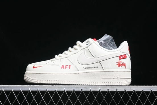 Nike Air Force 1 '07 Low Stussy Collaboration - AF1 White Red Label Low-Top Casual Sneakers - SJ6698-016