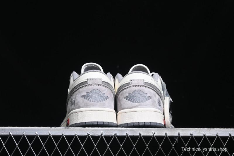 Nike Air Jordan 1 Low Stussy Collaboration - Grey White Dual-Tone Red Tag Retro Basketball Shoes - SJ9950-031