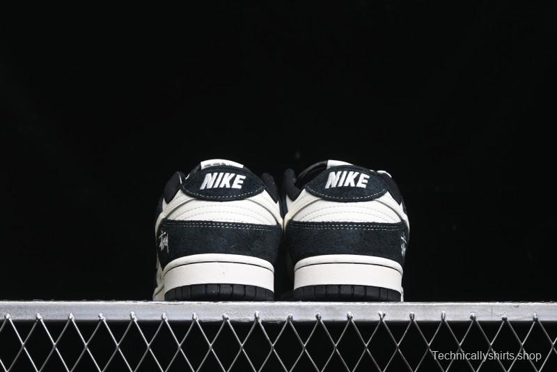 Nike SB Dunk Low Stussy Collaboration - Black White Mini Swoosh Anniversary Custom Low-Top Casual Skate Shoes - XY1688-017