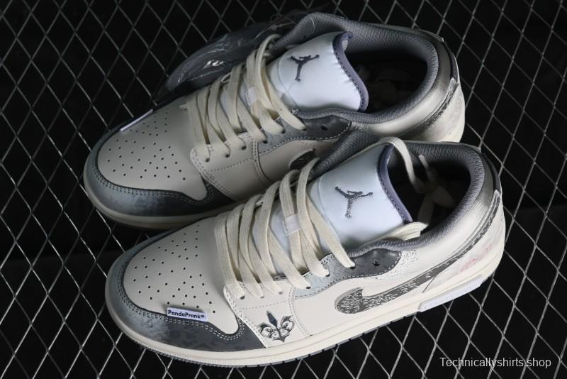 Nike Air Jordan 1 Low AJ1 Panda Prank Modern Gray Floral Low-Top Casual Sneakers - 553560-053