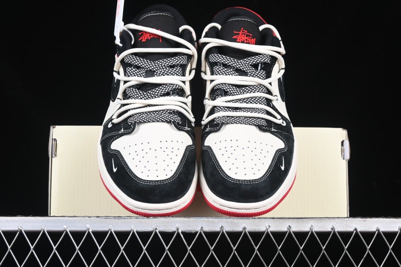 Nike Air Jordan 1 Low Stussy Collaboration - Black Red Custom High-End Retro Basketball Shoes - SJ9950-048