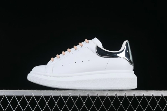 Alexander McQueen Oversized Sneakers with Mirror Silver Heel - White Leather Lace-Up Shoes