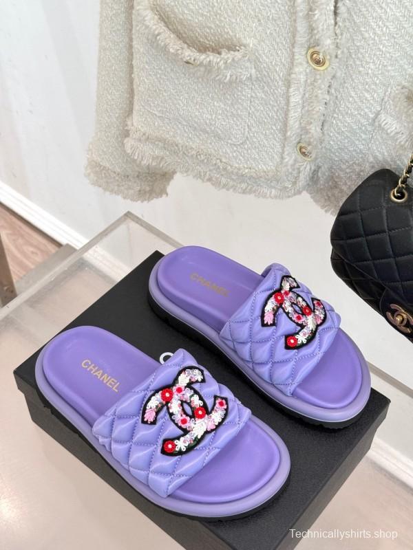 2025 Slippers Chanel Purple Quilt Embroidery