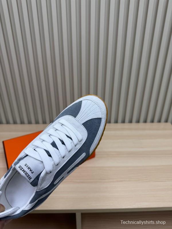 2025 Unisex Hermès White Grey Suede Down Fabric Sneakers Top Version LY00310