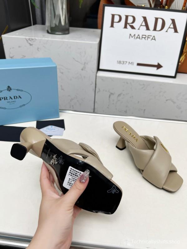 2025 Women Prada Beige Leather High Heel Sandals