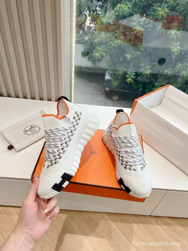 2024 Unisex Hermès White Grey Orange Calfskin Suede Knit Sneakers MJ00290(F/M)