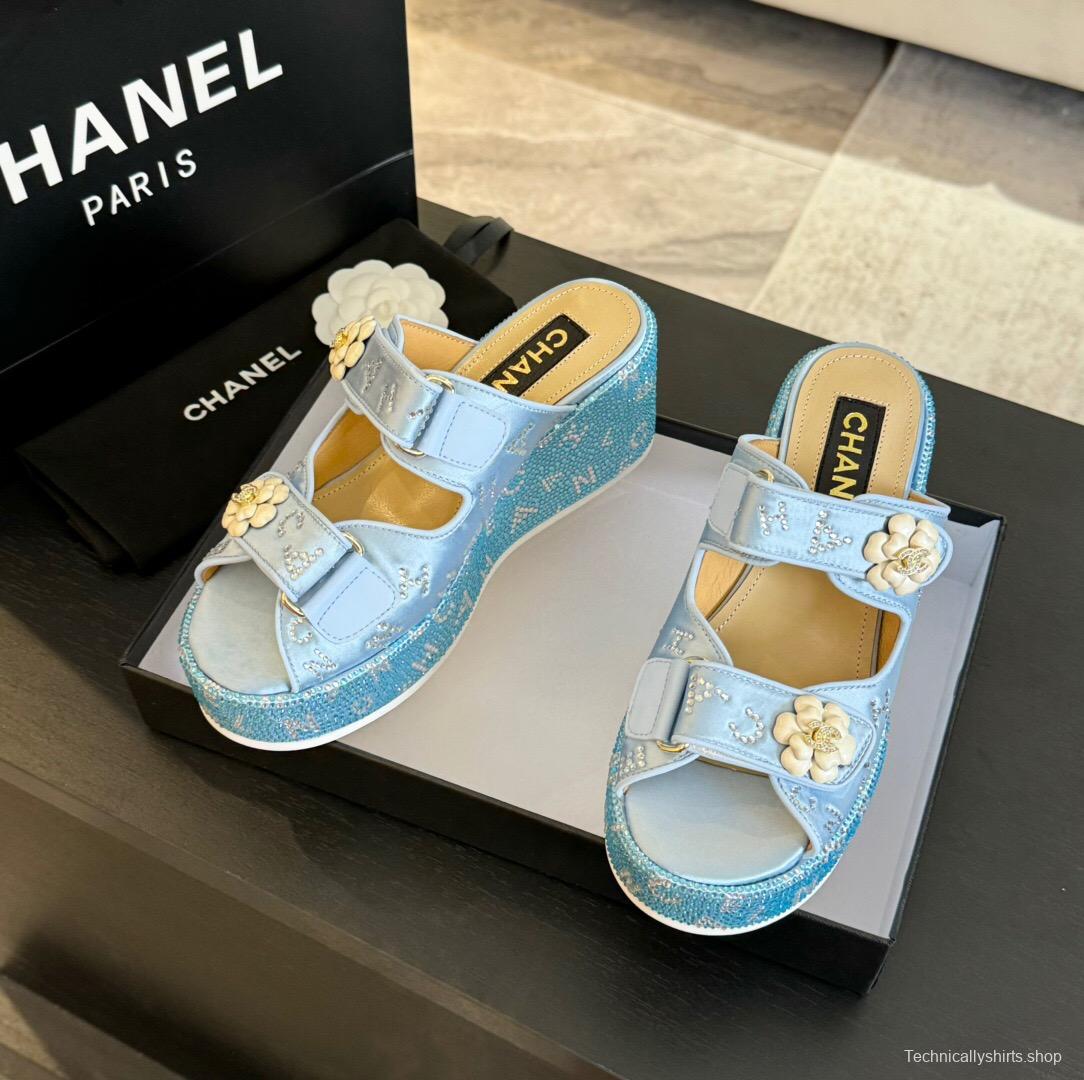 2025 Women Chanel Blue Denim Leather Platform Slippers LY00330
