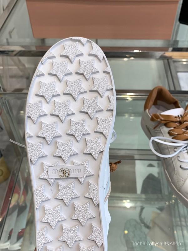 2025 Women Miu Miu White Brown Leather Sneakers LY00290