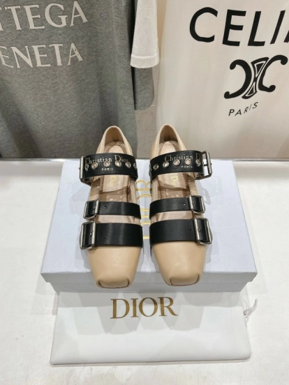 2025 Women Dior Beige Black Leather Mary Jane Buckle KFY00300