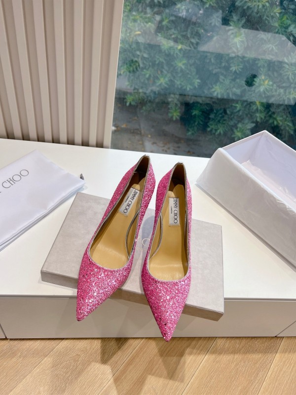 2025 Women Jimmy Choo Pink Glitter Leather High Heels KFY00280