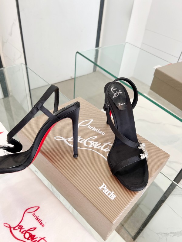 2025 Women ChristianLouboutin Black Satin High Heel Sandals Crystal Embellishment LY00300