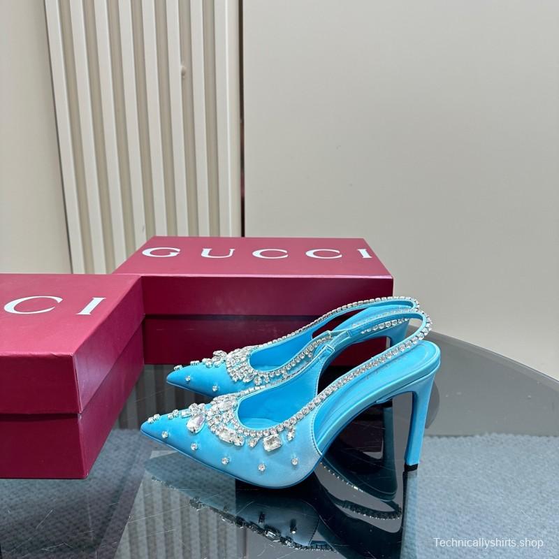 2025 Women Gucci Blue Silk Crystal Embellished Slingback High Heel KFY00340