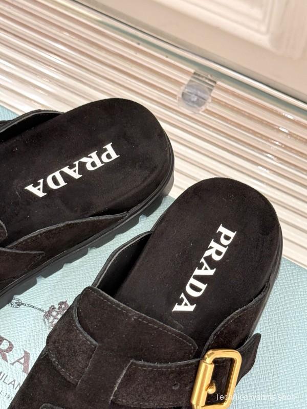 2025 Women Prada Black Suede Slippers