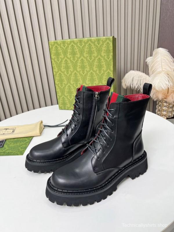 2024 Women Gucci Black Leather Lace-Up Combat Boots Red Green Web MJ00340