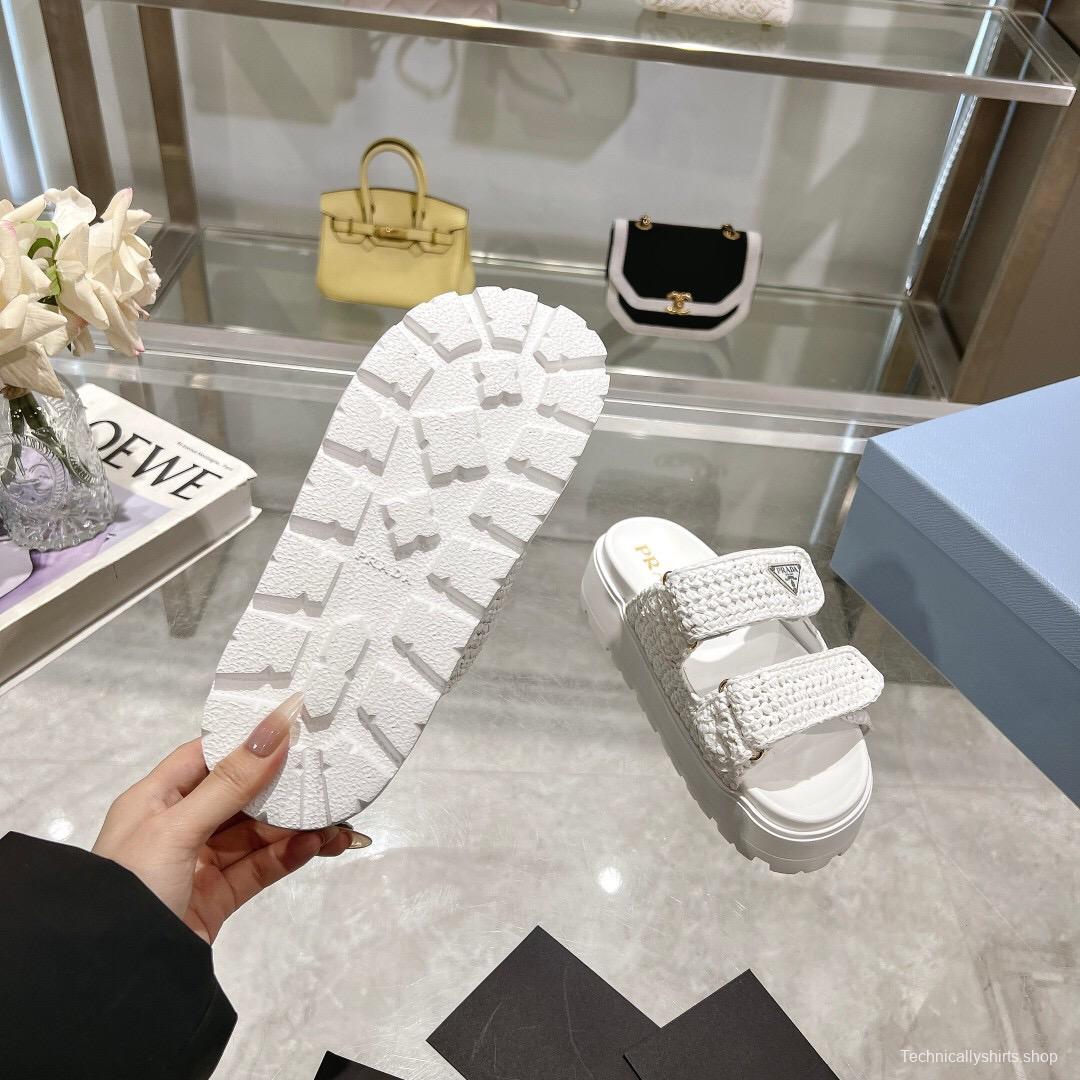 2025 Women Prada White Knit Leather Slippers