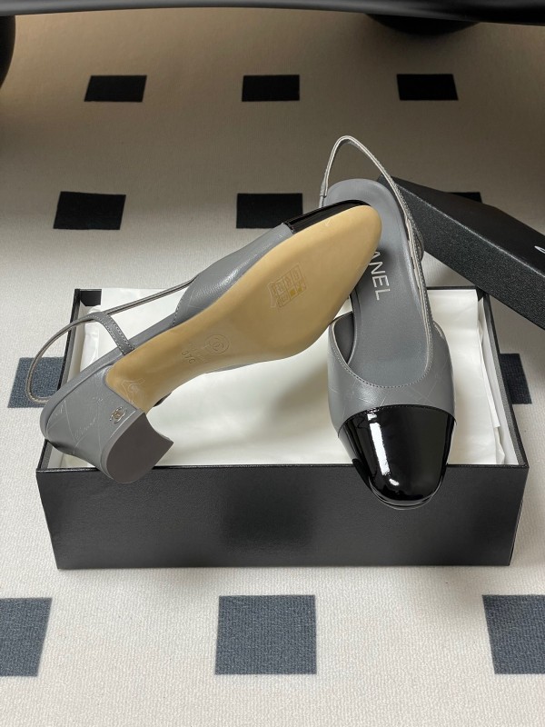 2025 Women Chanel Grey Black Leather Sling-back Heel