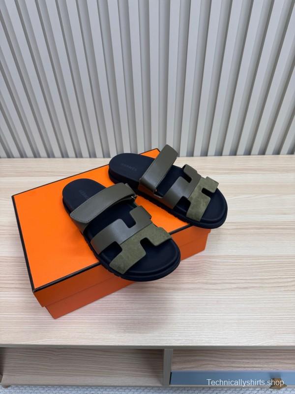 2025 Women Hermès Khaki Black Leather Slippers