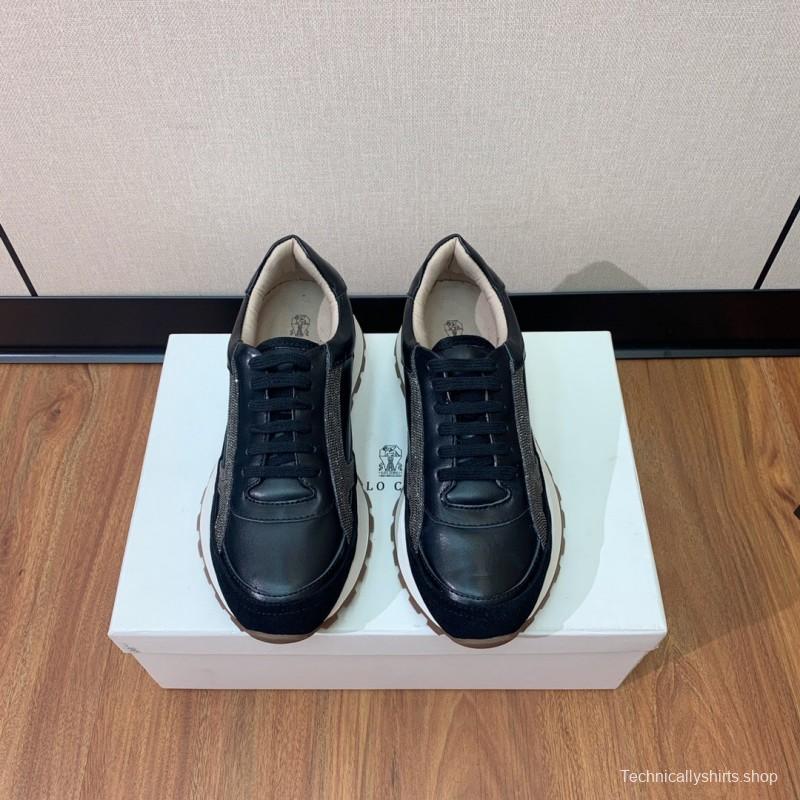 2025 Unisex Brunello Cucinelli Black Brown Leather Suede Sneakers LY