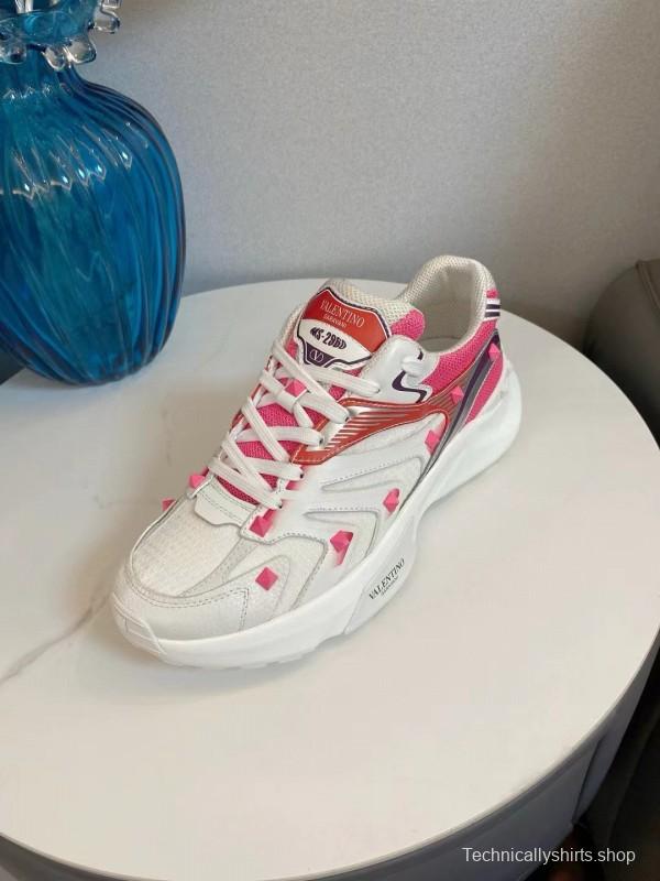 2024 Unisex Valentino White Pink Mesh Leather Sneakers MJ00410