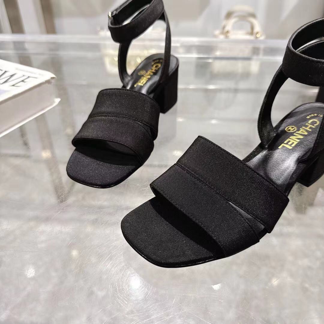 2025 Women Chanel Black Fabric Leather Sandals LY00280