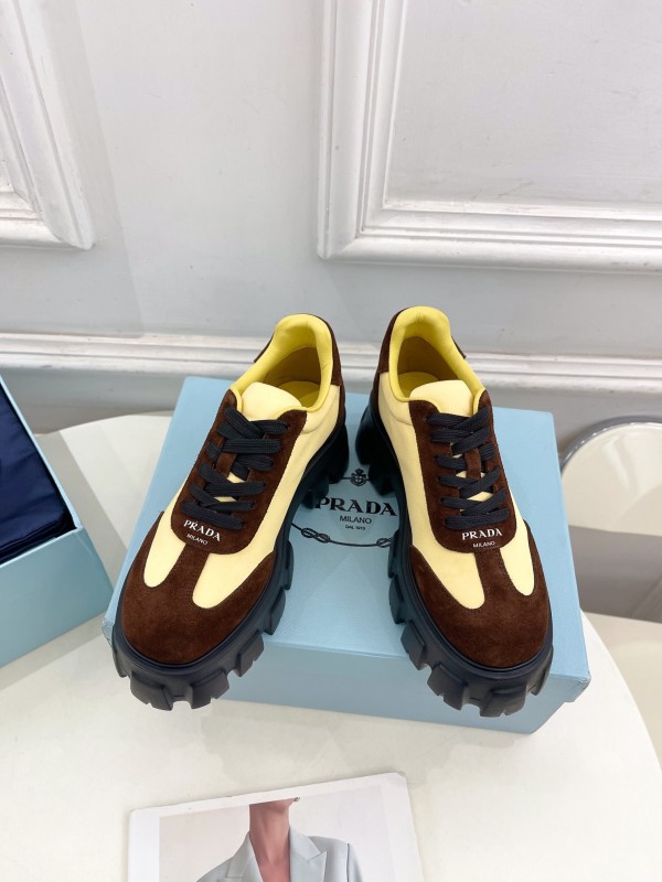 2025 Unisex Prada Yellow Brown Suede Silk Sneakers KFY00310(F)/KFY00330(M)