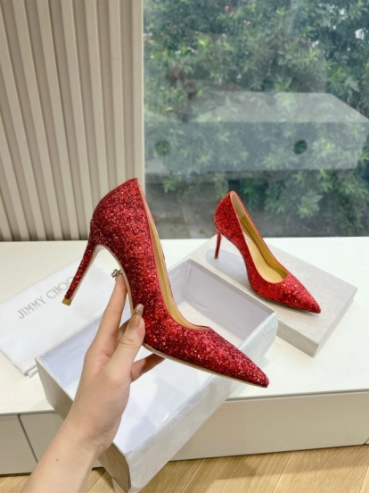 2025 Women Jimmy Choo Red Glitter Leather Pumps