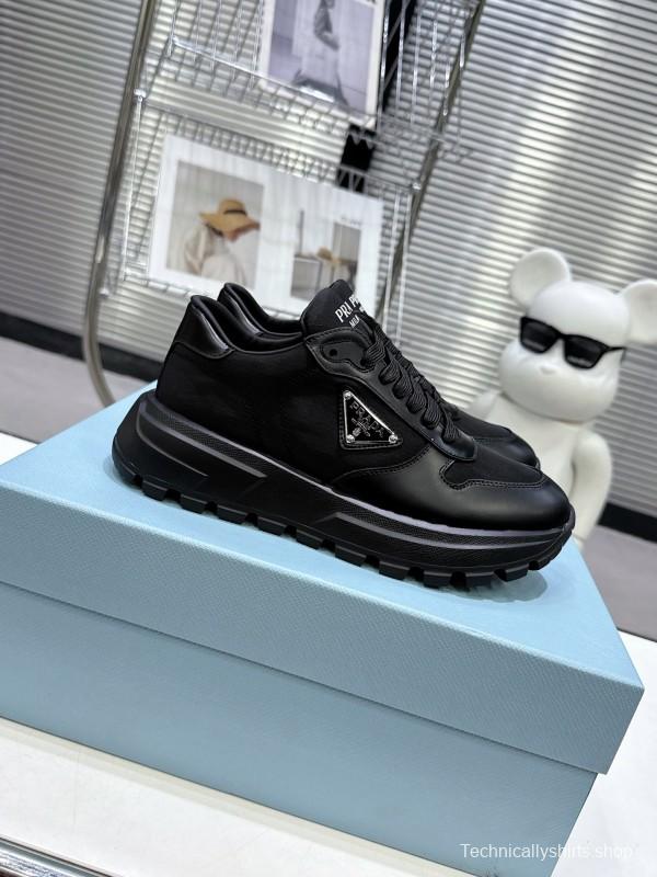 2025 Unisex Prada Black Leather Nylon Sneakers