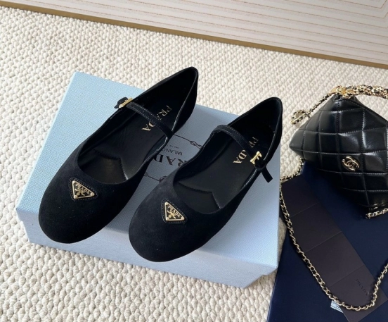 2025 Women Prada Black Suede Mary Jane Ballet Flat