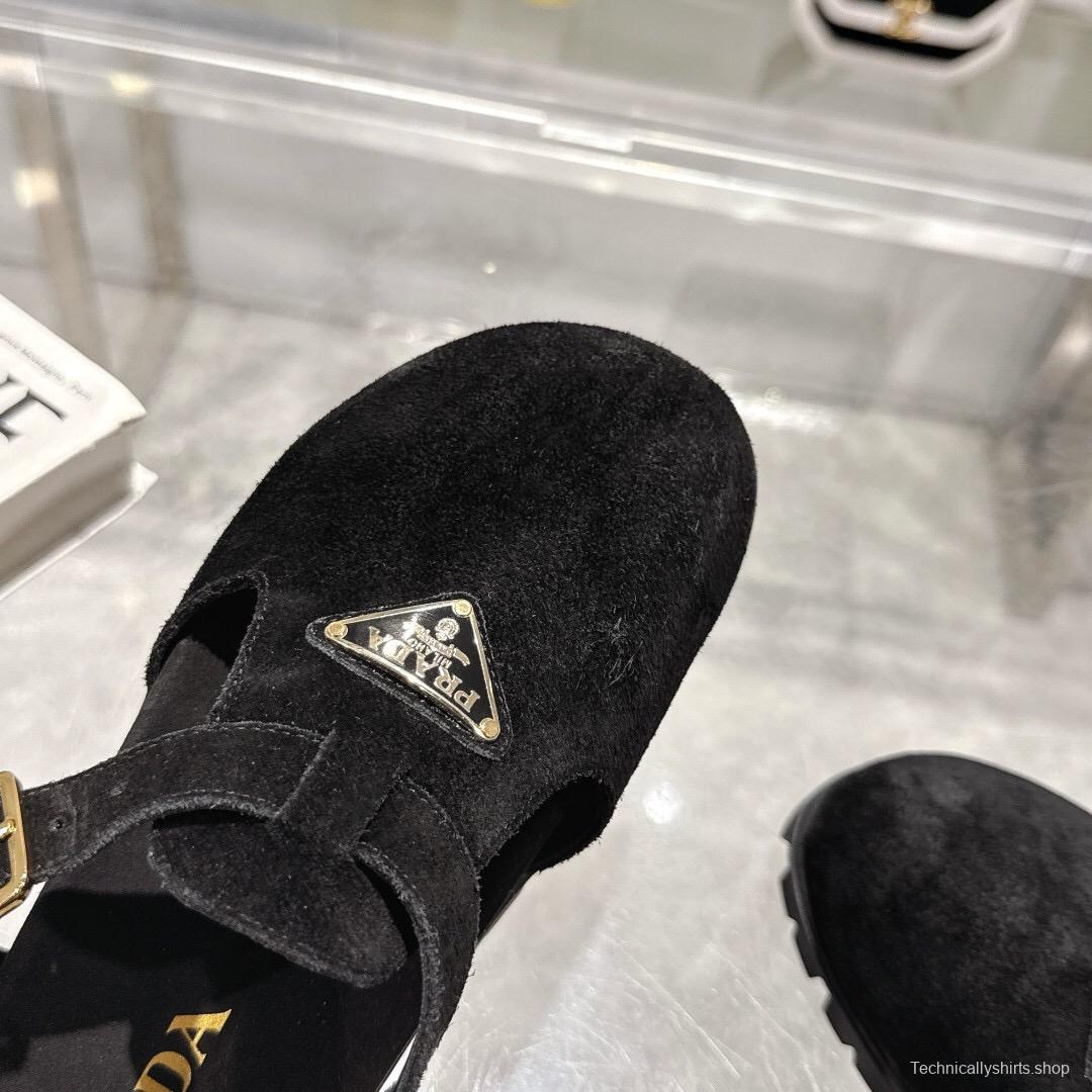 2025 Women Prada Black Suede Sandals LY00270