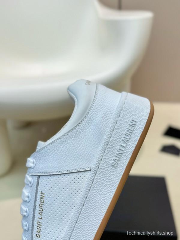 2024 Unisex Yves Saint Laurent White Silk Leather Sneakers Gold Hole Punch MJ00350
