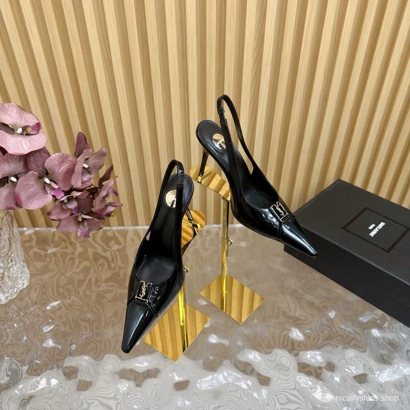 2025 Women Yves Saint Laurent Black Patent Leather Slingback Heels