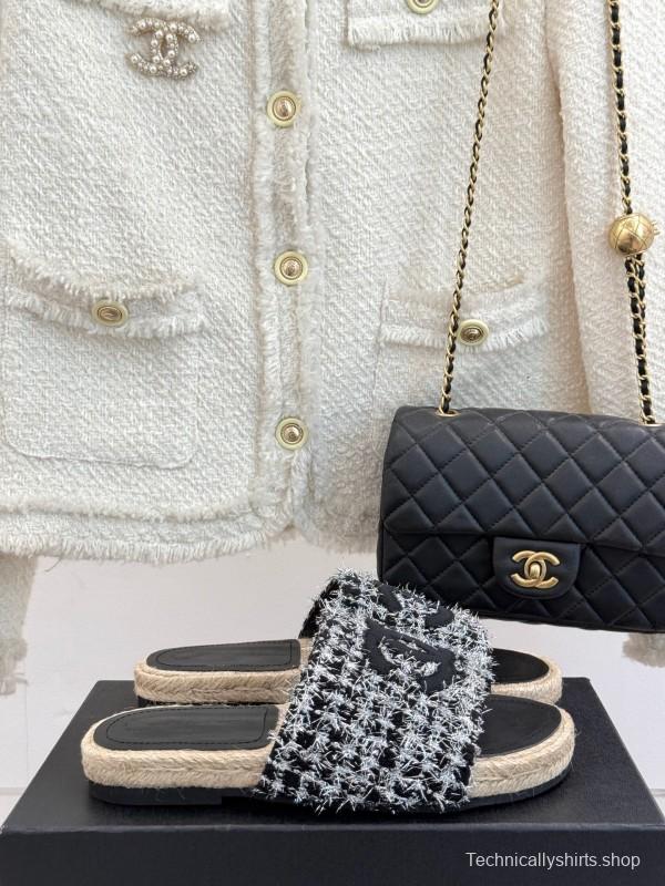 2025 Slippers Chanel Black White Tweed Espadrille Handcrafted KFY00230