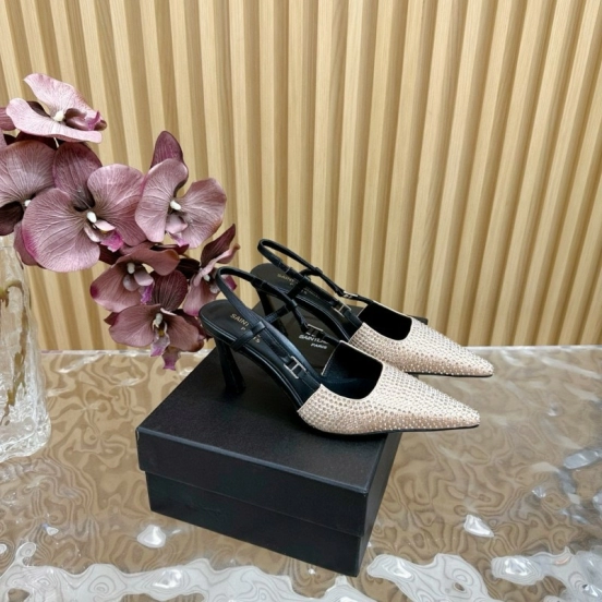 2024 Women Yves Saint Laurent Beige Rhinestone Silk Slingback Pumps MJ00320