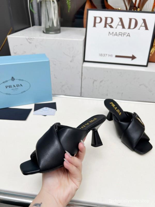 2025 Women Prada Black Soft Leather High Heel Mules KFY00270