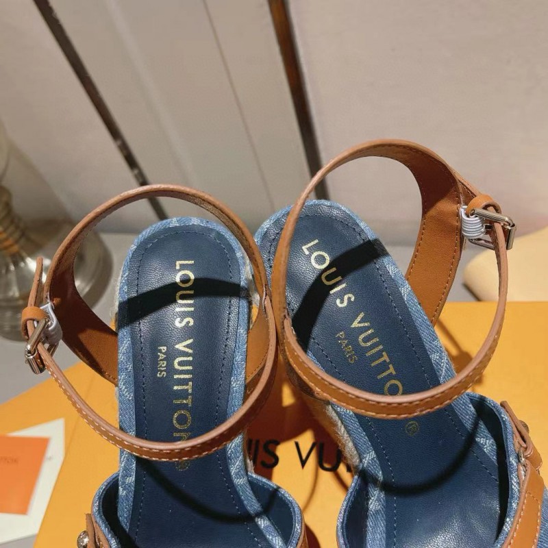 2025 Women Louis Vuitton Blue Denim Leather Espadrilles Sandals MJ00280
