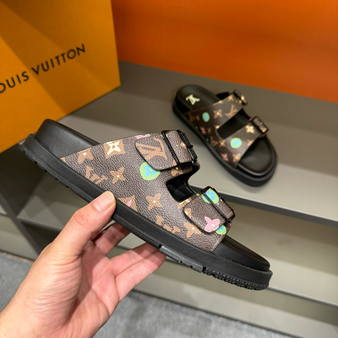 2024 Men Louis Vuitton Brown Black Rubber Leather Sandals Oblique MJ00210
