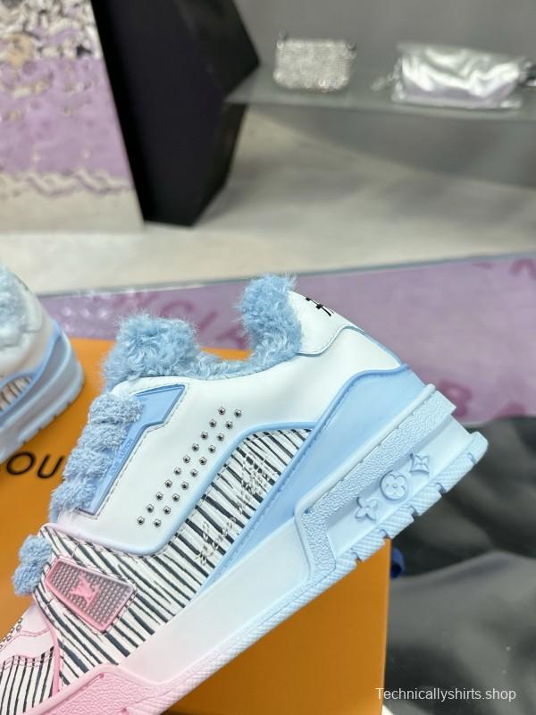 2024 Unisex Louis Vuitton Blue Pink Leather Sneakers