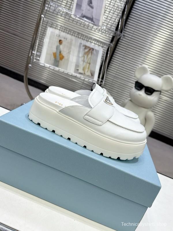 2025 Women Prada White Leather Slip-On Loafers