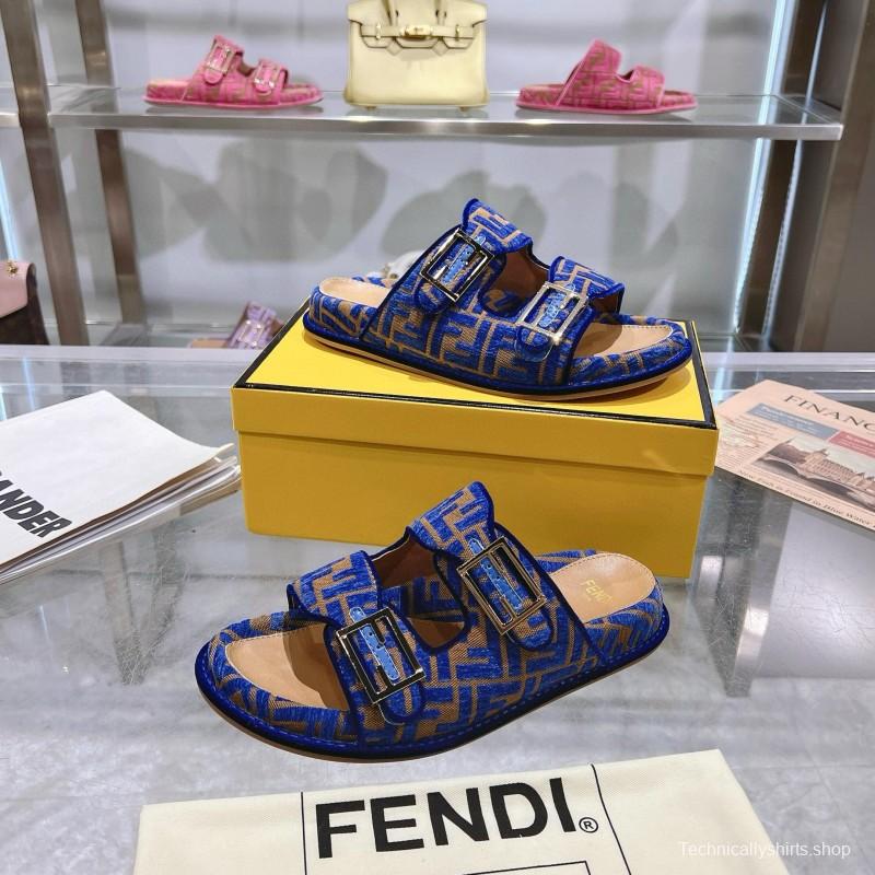2025 Fendi Blue Fabric Leather Slippers MJ00230