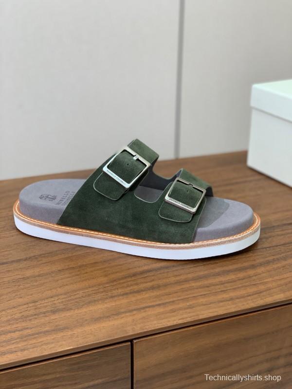 2025 Unisex Brunello Cucinelli Green Suede Leather Slippers KFY00250