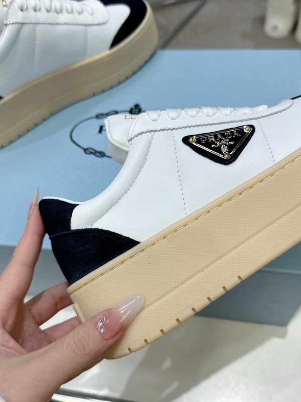 2025 Women Prada White Black Leather Suede Sneakers